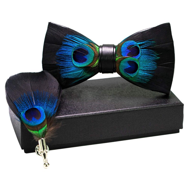 RBOCOTT Mens Handmade Feather Pre-tied Bow tie and Brooch Sets (peacock blue/black) - Image 2